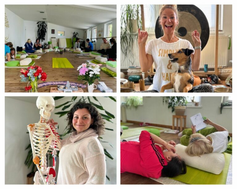 Yoga Raum mit Gastdozentin Annemarie und Gast-Hund